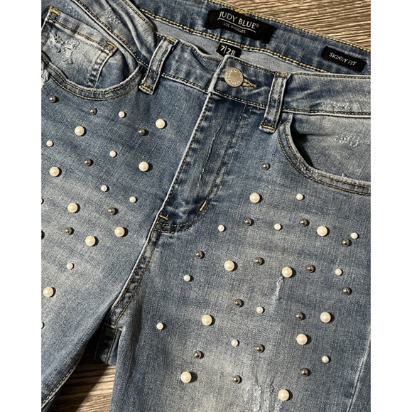 Judy Blue Denim - Judy Blue Skinny Fit Mid Rise Pearl/Silver Studs Distressed Jeans 7/28 (27x29)‎